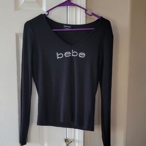 Bebe Black V-Neck Long Sleeve Top